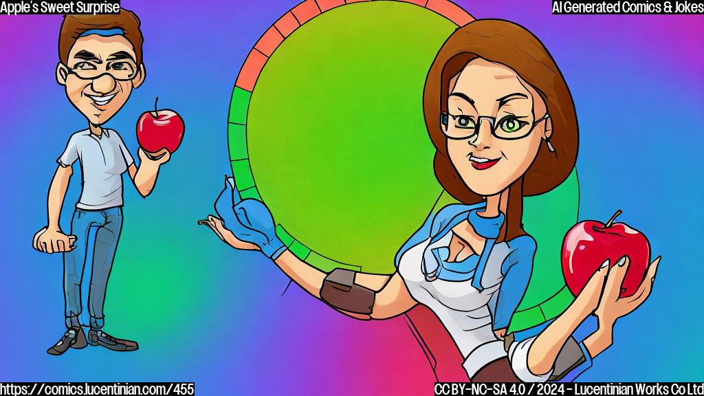 Illustrate a cartoonish person (with a meter around their arm, showing rising and falling blood sugar levels) holding an apple, surrounded by a circle with a calorie meter spinning wildly. The background is a faint gradient of blue and green.