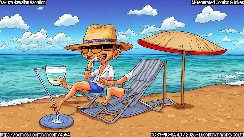 A cartoon drawing of a yakuza member in a Hawaiian shirt, sunglasses, and a straw hat, sitting on a beach chair with a tan and a drink,  in a simple color cartoon style. Background is a simple beach with ocean.