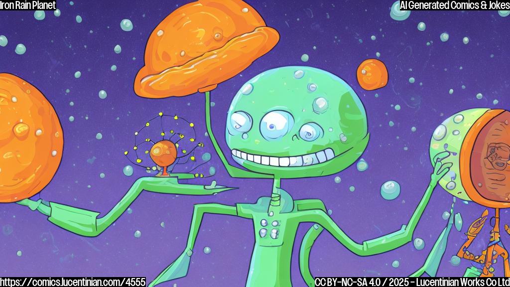 A cartoon drawing of a purple alien meteorologist with three eyes and antennas on its head looking concerned while holding a weather forecast report about a hot planet raining iron, with a background of a hot orange planet with rain-like iron drops, all in a plain color style.