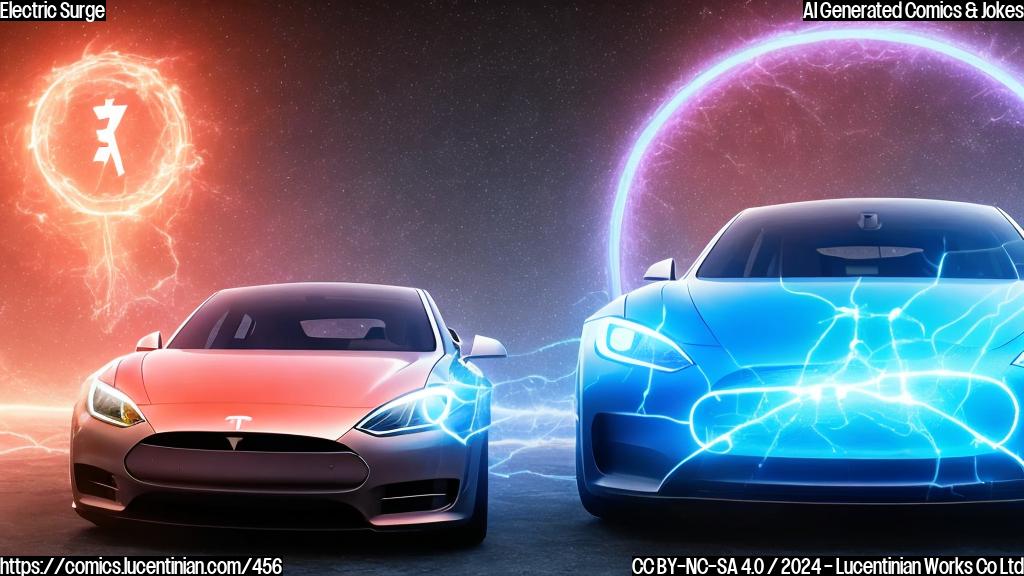 A smiling electric car with glowing blue headlights and a bright, energetic aura. The car is positioned in front of a graph showing a sharp upward trend, with a giant dollar sign ($) floating above the chart. Elon Musk's head should be visible in the background, with a confident and pleased expression.