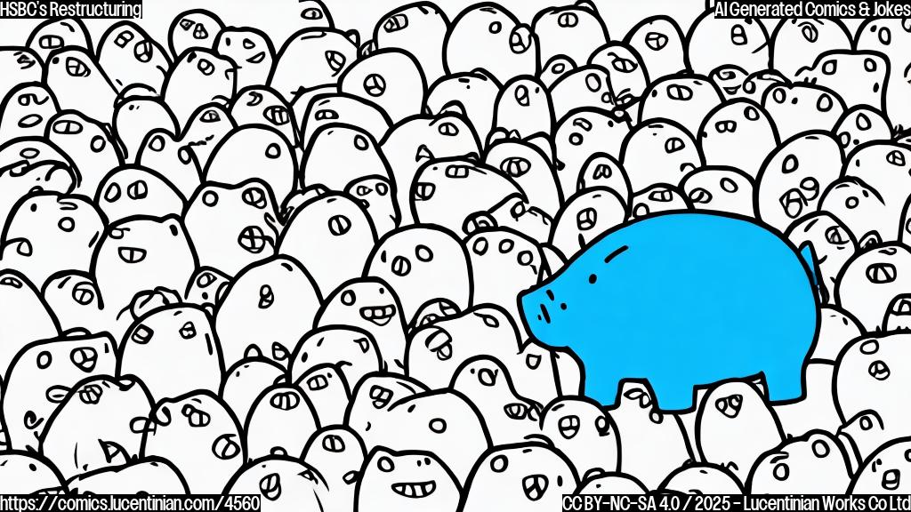 A simple cartoon of a large, slightly overweight piggy bank looking concerned and surrounded by smaller piggy banks labeled "costs". The cartoon should be in a single plain color, for instance, light blue. The piggy bank should have a worried expression and its face should be a bit exaggerated