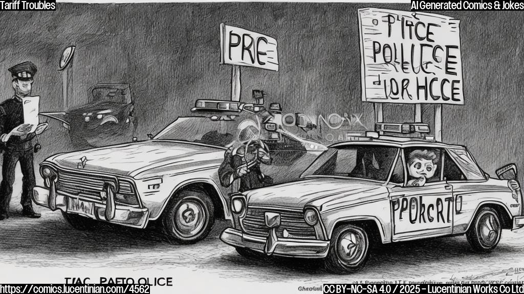 A cartoon drawing of a simple car with a worried expression, being pulled over by a police officer with a large "Tariff" sign. The drawing is plain color and only features the car and the officer.