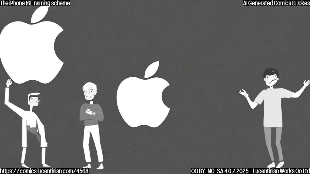 A simple cartoon drawing of a smiling Apple logo character holding up a sign that says "iPhone 16E", with a slightly unimpressed looking person in the background. Both characters should be drawn in a plain color style.