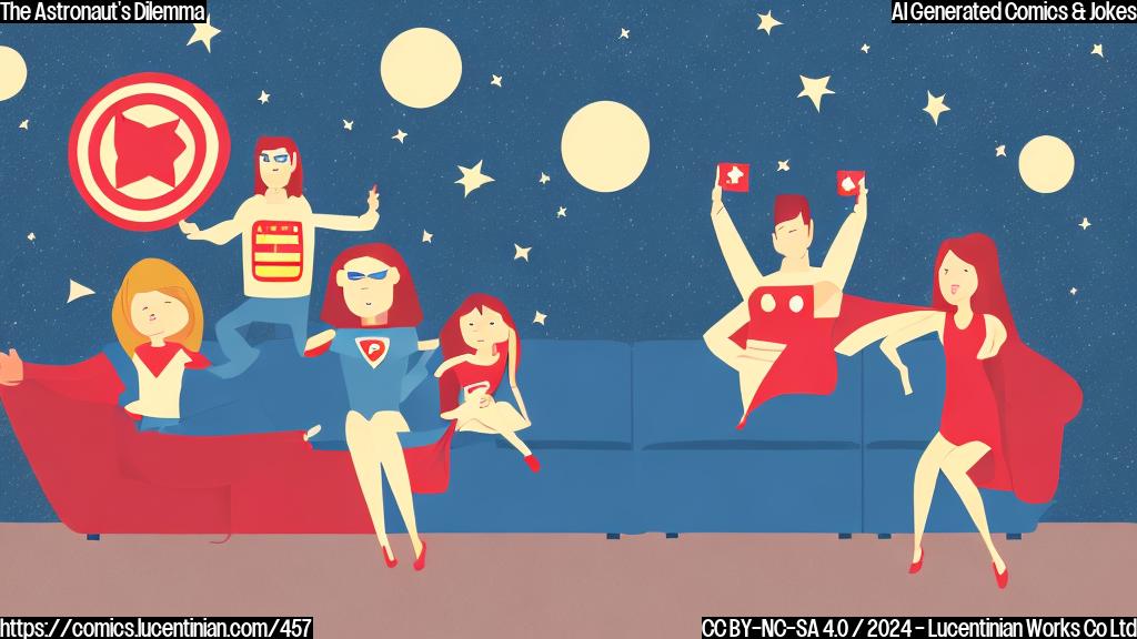 Illustrate a simple cartoon of an astronaut sitting on a couch, looking dejected, with a ex-girlfriend standing in front of him, wearing a superhero cape and holding a "Drama Queen" sign.