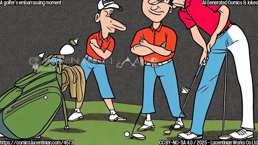 A cartoon drawing of a golfer in a plain color style, standing next to a pile of pants with an embarrassed expression. The background should be a minimalist golf course.