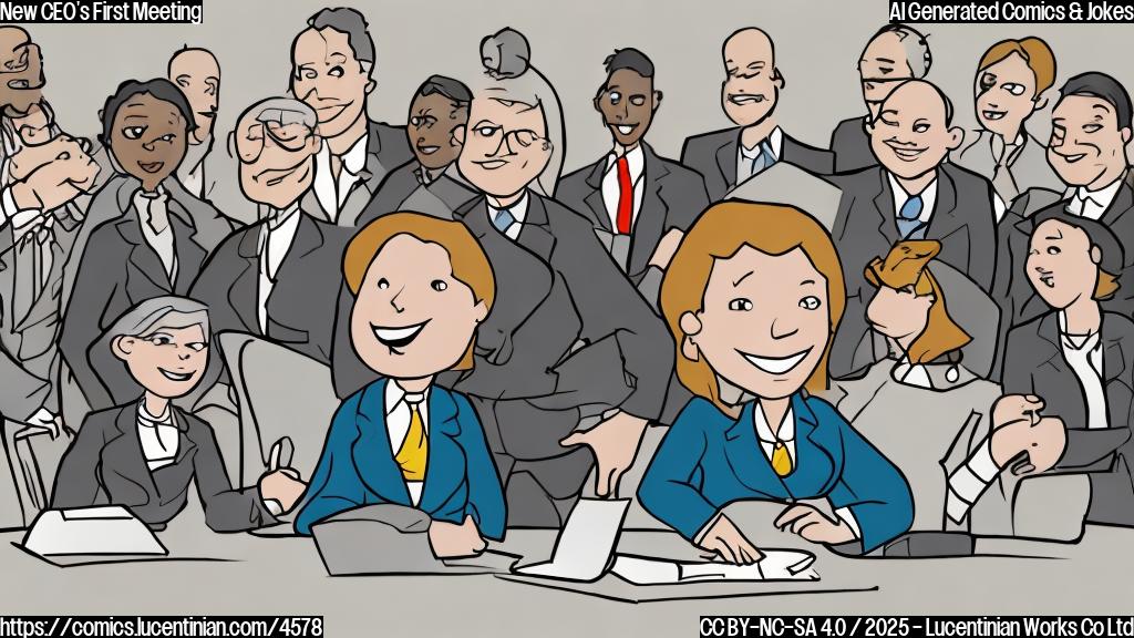 A plain color cartoon of a woman in a business suit sitting at the head of a conference table, smiling, with a group of people sitting around the table looking slightly surprised. The colors should be muted tones of blue, grey, and beige. The style should be simple and clean.