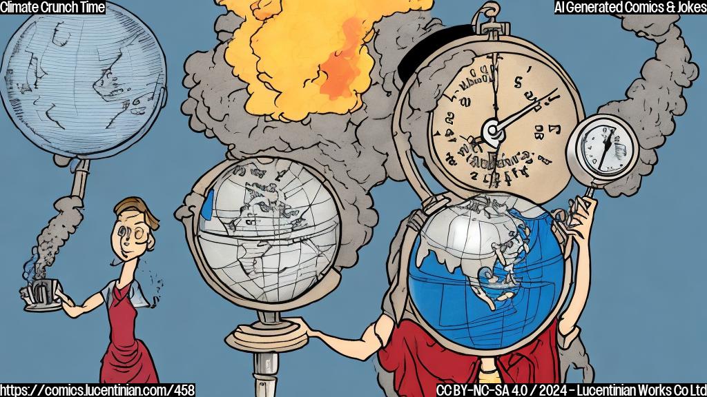A cartoon of a person holding a globe with a thermometer rising, surrounded by smoke and pollution. The person is wearing a breakup necklace with a carbon footprint symbol. In the background, there's a clock ticking towards 2035.