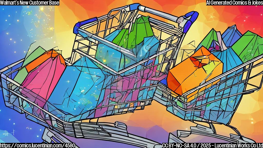 A plain color cartoon of a wealthy-looking person, wearing stylish clothes, pushing a shopping cart overflowing with groceries from a Walmart store. The style is simple and uses a limited color palette.  The cart includes a slightly sparkly object suggesting a "diamond-encrusted basket".