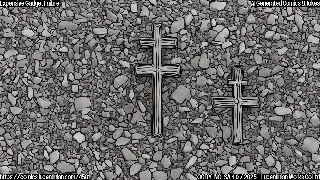 A simple cartoon drawing of a small, sleek electronic device lying in a shallow grave, marked with a small, plain wooden cross. The background should be a plain light grey. The style should be simple and minimalist, using only black outlines and a single light brown color for the cross.