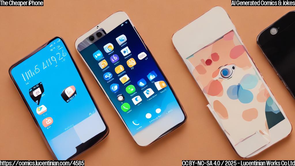 A cartoon of two smartphones, one larger and more luxurious-looking, the other smaller and simpler. Both are in plain colors, with no brand logos or details. The larger phone is blushing, with red cheeks.