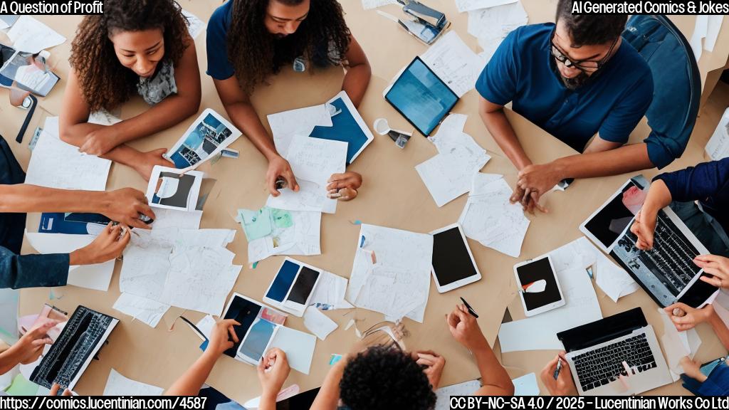 a group of people sitting at a desk with computers, one of them holding a tablet with a graph on the screen, with a few pieces of paper and pens scattered around the table