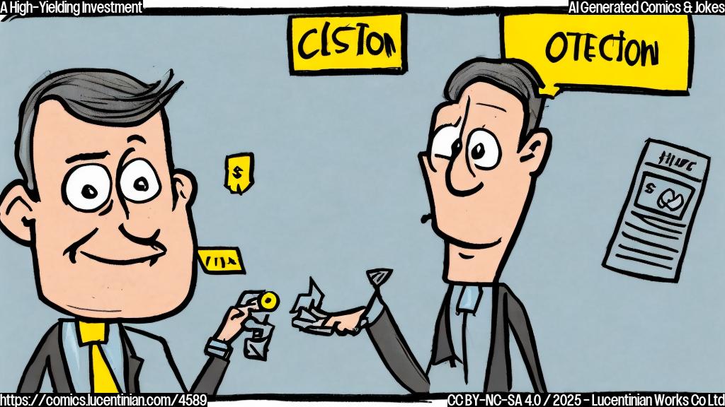 A simple cartoon drawing of a sad investor looking at a covered call option, while a smiling high yield option is inviting him from the other side. Both are depicted as simple colorful shapes, such as a blue square with dollar sign for the covered call and a yellow circle with dollar sign for the high-yield option.