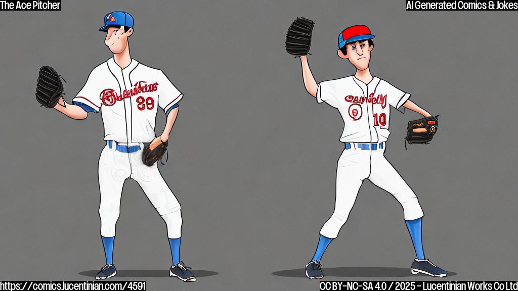 A cartoon of a baseball pitcher with an exaggeratedly sad expression, wearing a baseball uniform, standing on a baseball field with a simple background.  The style should be plain color cartoon style, with only a few colors used.