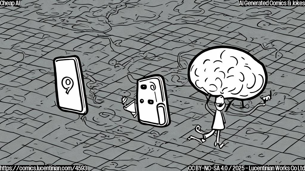 A cartoon drawing in plain colors, showing a simple phone with a brain inside running across a road. The road has a sign saying "discounted neural network".