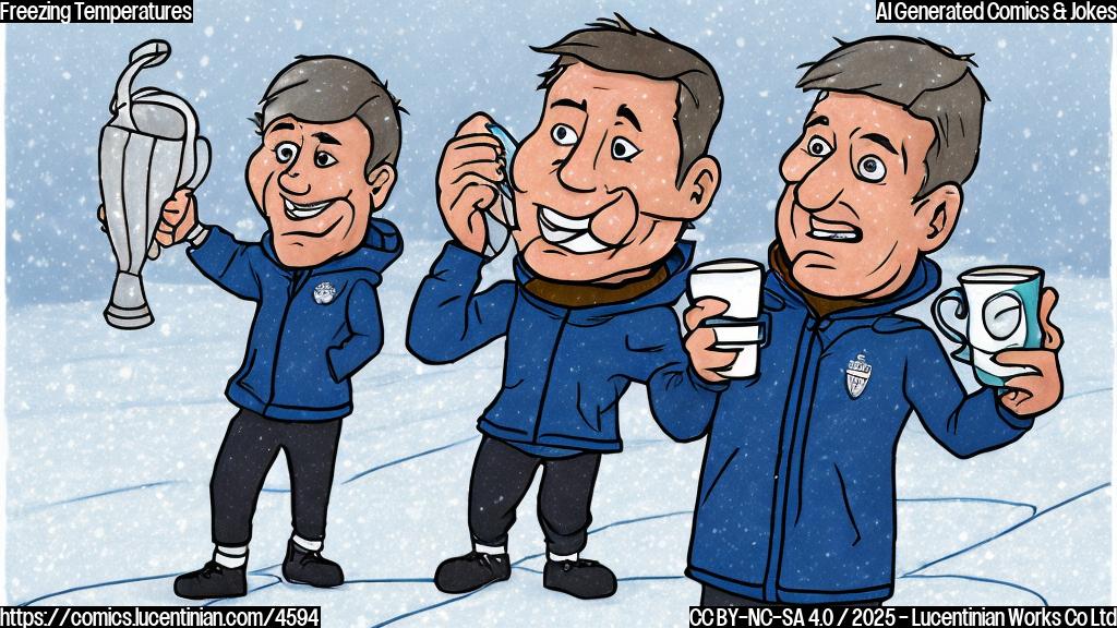 A cartoon drawing in plain colors of a soccer coach on the sidelines wearing a thin jacket, shivering, with a thought bubble above his head showing a cup of hot cocoa. The background is a snowy soccer field.