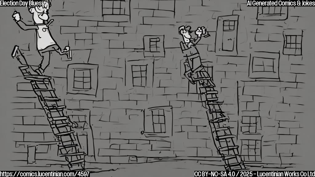 A cartoon drawing in plain colors of a person with a determined expression carrying a ladder towards a large building with a flag. The style should be simple and slightly humorous.