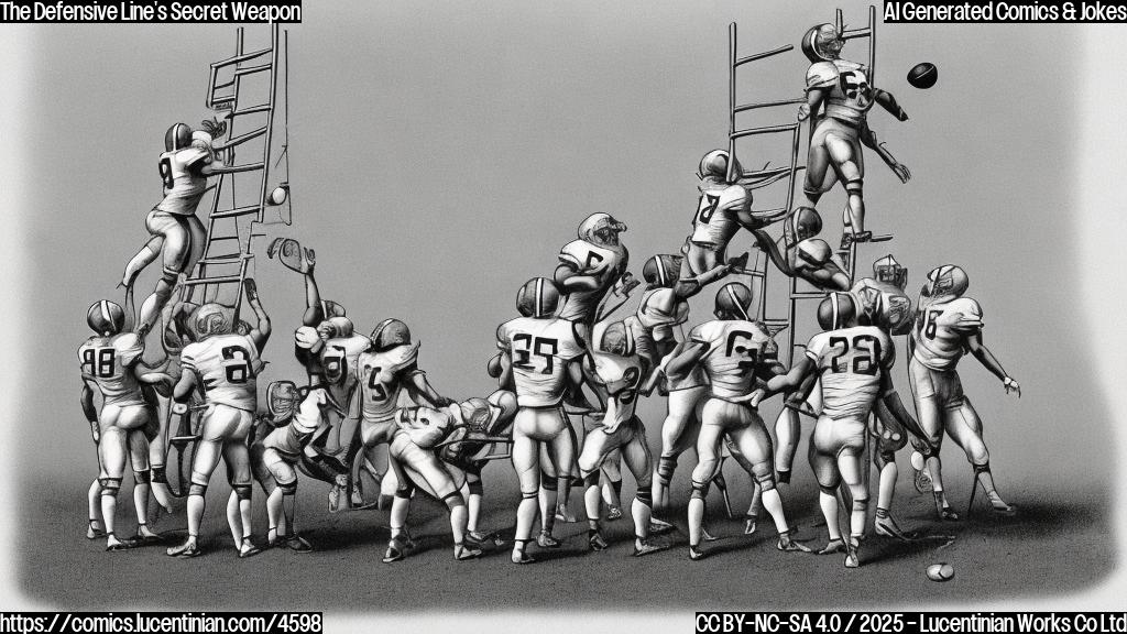 A cartoon drawing in plain colors, of a group of football players in uniform, standing around a ladder leaning against a goalpost. One of the players, larger than the others, has a sly grin. The style is simple and minimalist, emphasizing clear shapes and solid colors.