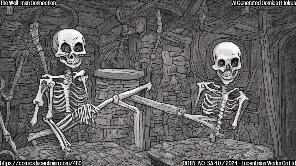 Draw a plain color cartoon style picture of an ancient Norwegian castle with a skeleton in the well, wearing a medieval-style clothing and holding a small wooden cup. The skeleton should have a hint of sadness on its face.