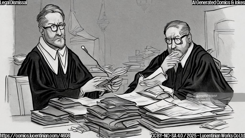 A cartoon drawing of a judge sitting behind a desk in a courtroom, looking weary with one hand on his forehead, and the other hand on his glasses, with a pile of files on the desk. The judge has a tired expression and is wearing a robe. Simple colors, flat style.