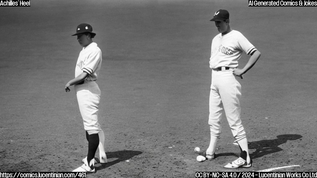 A baseball player with a bandaged shoulder standing in front of a baseball diamond, looking dejected. The pitcher's mound is visible in the background. The shoulder should be highlighted as being injured, with a few cracks in the surrounding tissue.