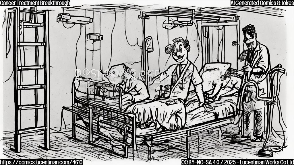 A simple cartoon drawing in plain colors of a doctor holding a ladder and smiling while next to him a patient lying in the hospital bed and giving a thumbs up.