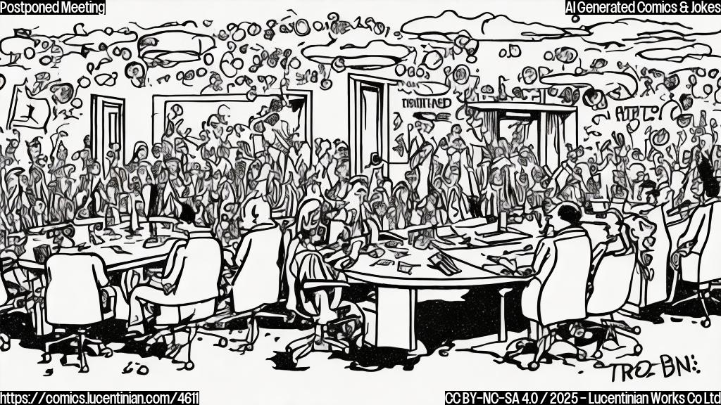 A cartoon drawing of a meeting room that's far too small for a large group of people with thought bubbles above their heads showing wild, fantastical theories about vaccines. The style should be simple, plain colors, and slightly chaotic.