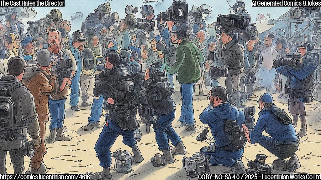 A cartoon drawing in plain color style of a film crew giving the cold shoulder to a director,  who is looking unhappy. The crew is shown from behind with some people wearing film crew costume such as hats. The color scheme should be mainly blues and greens.