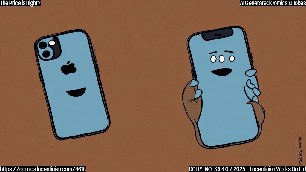 A simple cartoon drawing in a plain color style, showing a sad, cartoon character, holding a smartphone and a crying face emoji on the phone screen. The smartphone is labeled as “iPhone 16e” in a stylish font.