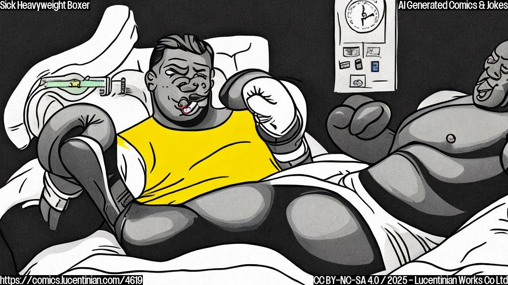 A cartoon drawing in flat color style, showing a heavyweight boxer lying in bed, looking unwell, with a thermometer in his mouth.  He's wearing boxing shorts and gloves.  The background is a simple pale yellow.