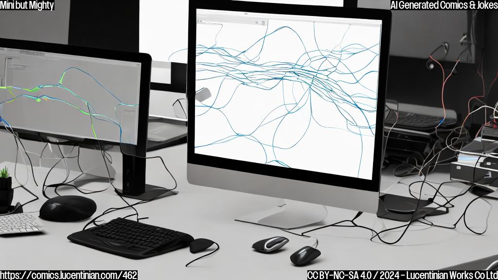 A small, sleek computer with a bold design, sitting on a cluttered desk surrounded by wires and cables, with a faint smile on its screen.