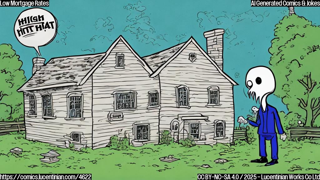 A cartoon drawing in plain color style of a ghost looking sadly at a house with a big sign that reads "High Interest Rates". The ghost has two large, round eyes and wears a white sheet. The house is simple and the colors are plain.