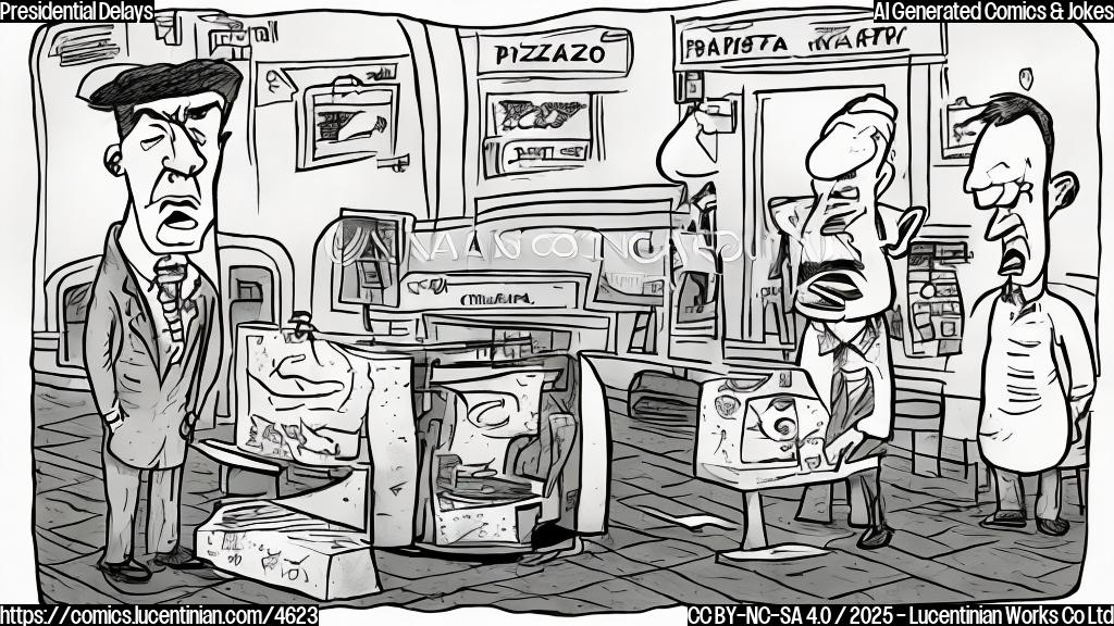 A cartoon drawing of a president looking frustrated while looking at a delayed airplane next to a pizza. Simple, plain color, cartoon style.