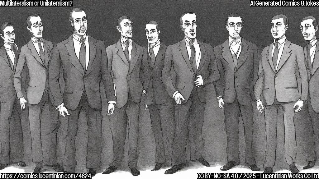 A cartoon of a single figure in a suit standing apart from a group of figures in suits. The style is simple, plain colors. Single figure is looking towards the group with a slight sneer, the group look concerned at the figure. Background is plain white.