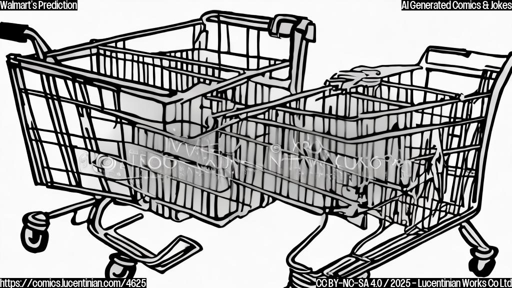 A cartoon drawing of a sad-looking shopping cart with a single item inside, sitting next to a large, empty Walmart store. The style should be simple and plain-colored, with only a few colors, and the drawing should include a speech bubble coming from the shopping cart which reads '2025 is going to be slow'.