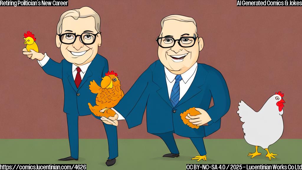 A cartoon drawing of a smiling older man with glasses wearing a suit and holding a chicken, plain colors, simple background.