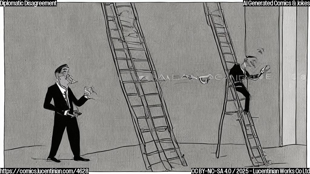 A cartoon drawing in plain colors of a man in a suit climbing a ladder to reach a table where another man in a suit is sitting. The background is plain, maybe light blue. Style: simple cartoon