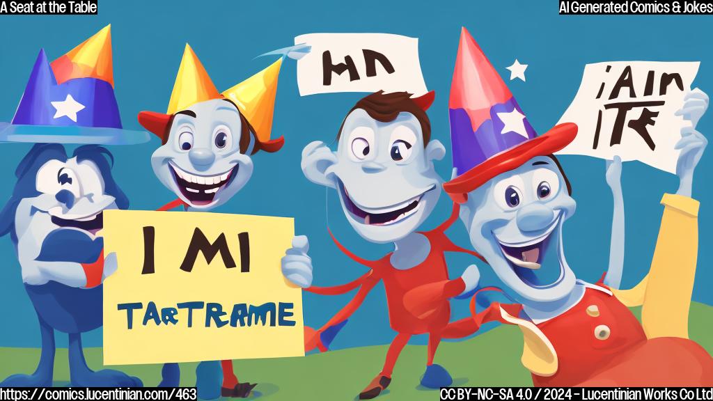 A smiling cartoon character with a big smile wearing a party hat and holding a sign that says "I'm part of the Dream Team" is standing next to another character looking sad and holding an opposing party sign. The background is a simple, gradient blue color scheme representing a political landscape.