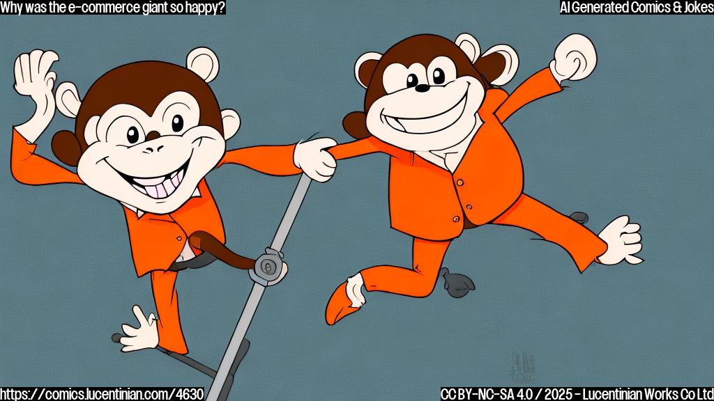 A simple cartoon drawing of a smiling, cartoonish monkey wearing a business suit, happily bouncing on a pogo stick, in a plain orange background.