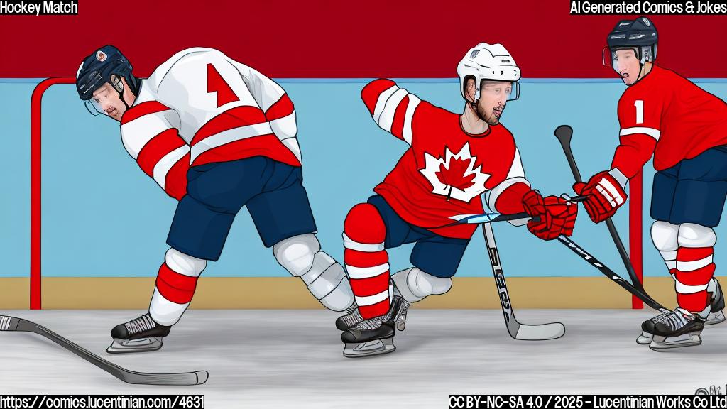 A cartoon drawing in plain color style of a Canadian hockey player in a red jersey with a maple leaf on it holding a ladder, standing on a hockey rink. The background is a simple, plain color, such as light blue.