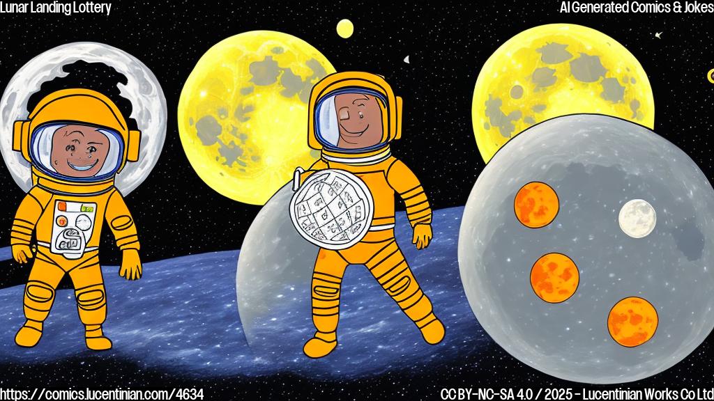 A cartoon drawing of a happy astronaut in a plain orange spacesuit holding a giant lottery ticket, with a simple background of a plain yellow moon in the sky and Earth in the distance. The style is simple and flat, with no shading or gradients.