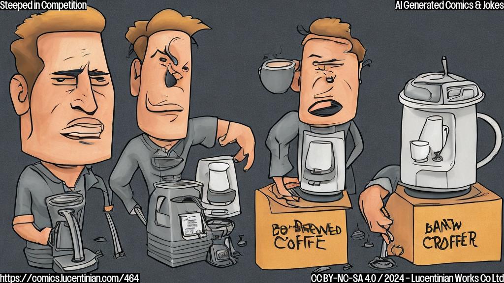 Draw a cartoon of two coffee makers, one with a burnt-out face and the other with a frustrated expression, standing next to each other with a giant price tag hovering above them. The background should be a cityscape with a giant coffee cup in the distance.