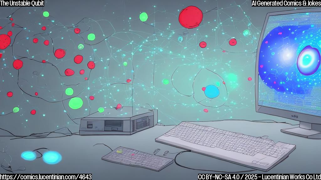 A simple cartoon drawing of a sad-looking computer with a single tear rolling down its face. The computer is light blue, with a single screen displaying a chaotic graph in red, and it is surrounded by several small, wobbly, light green spheres representing unstable qubits.