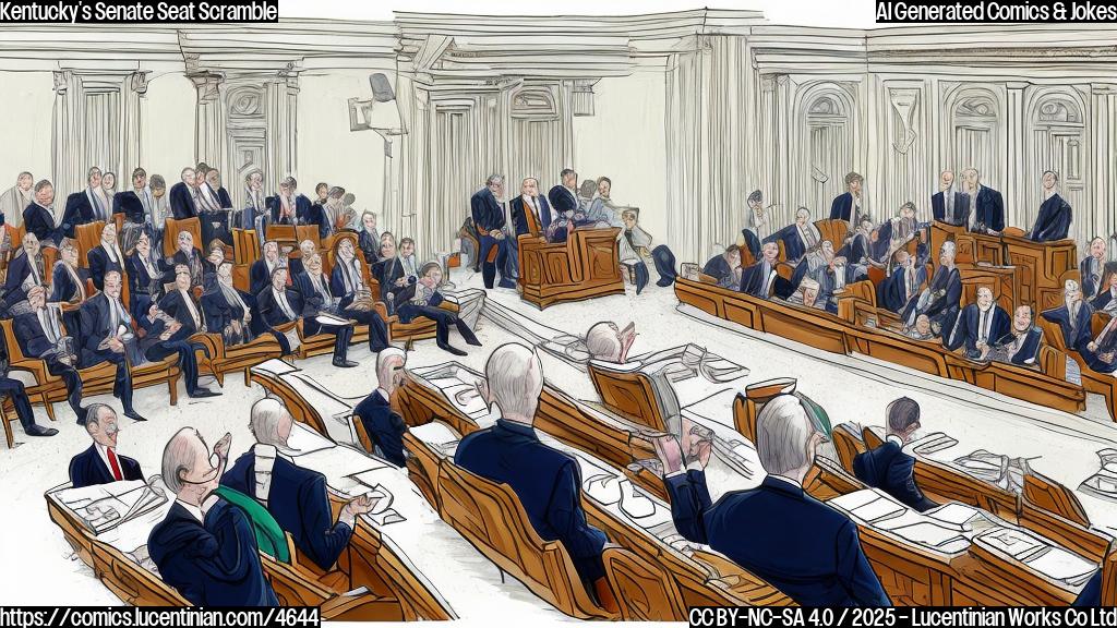 A cartoon drawing in a plain color style showing a group of politicians in suits scrambling for a single empty chair in a senate chamber. The chair is highlighted, and the politicians have determined expressions on their faces.