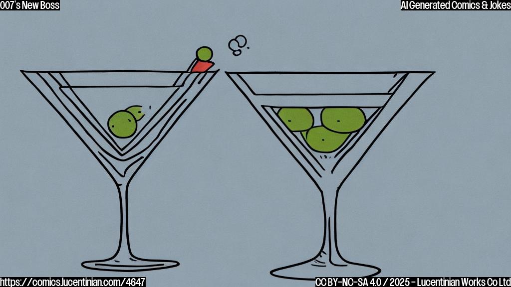 A simple cartoon drawing of a martini glass being handed over to a large A in a plain light blue background. The martini glass has an olive in it. The A should have a subtle smile. The style should be flat and plain colored with no gradients, no shadows, only lines and solid colors.