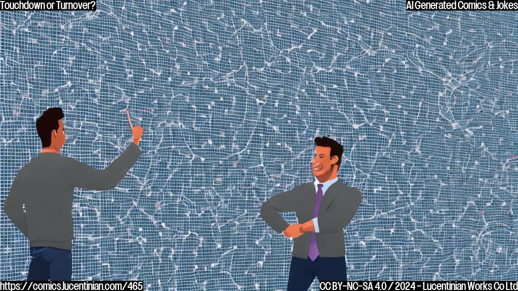 A cartoon-style illustration of a football analyst standing on a ladder, looking up at a whiteboard with a graph showing player performance and strategic analysis. The background is a simple grid pattern, with a few football-themed icons scattered around the edges. The color palette should be muted and professional, with shades of blue and gray dominating the scene.