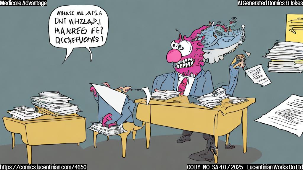 A cartoon drawing of a plain color style image of an accountant behind a desk looking worried, a pile of papers is on his desk, a magnifying glass is next to the papers, and a cartoon thought bubble above the accountant's head shows a colorful funny monster.