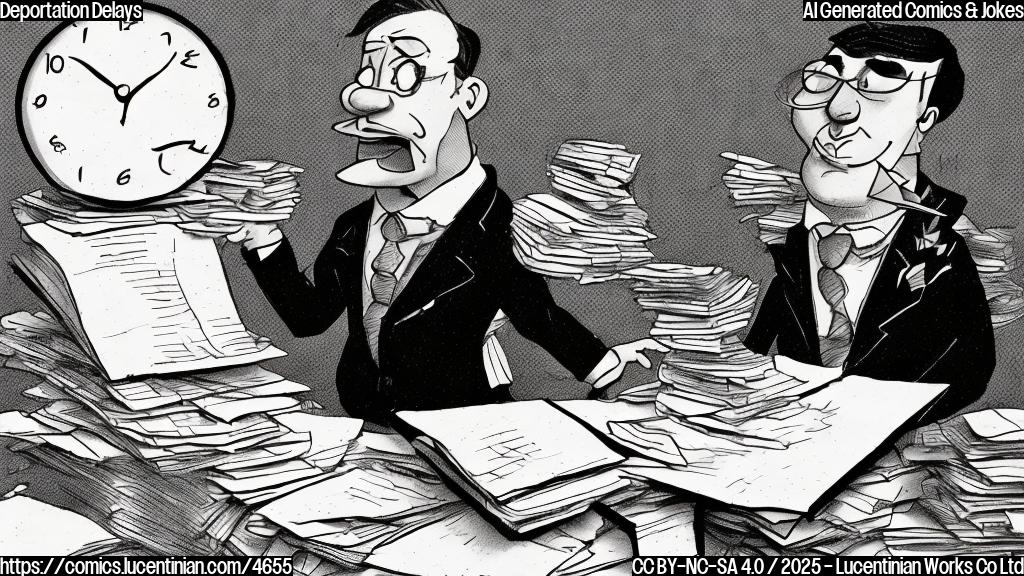 A simple cartoon drawing of a frustrated-looking person in a suit and tie sitting at a desk piled high with files, next to a tiny hourglass almost completely empty. The style should be plain color with minimal details, in a muted color palette.