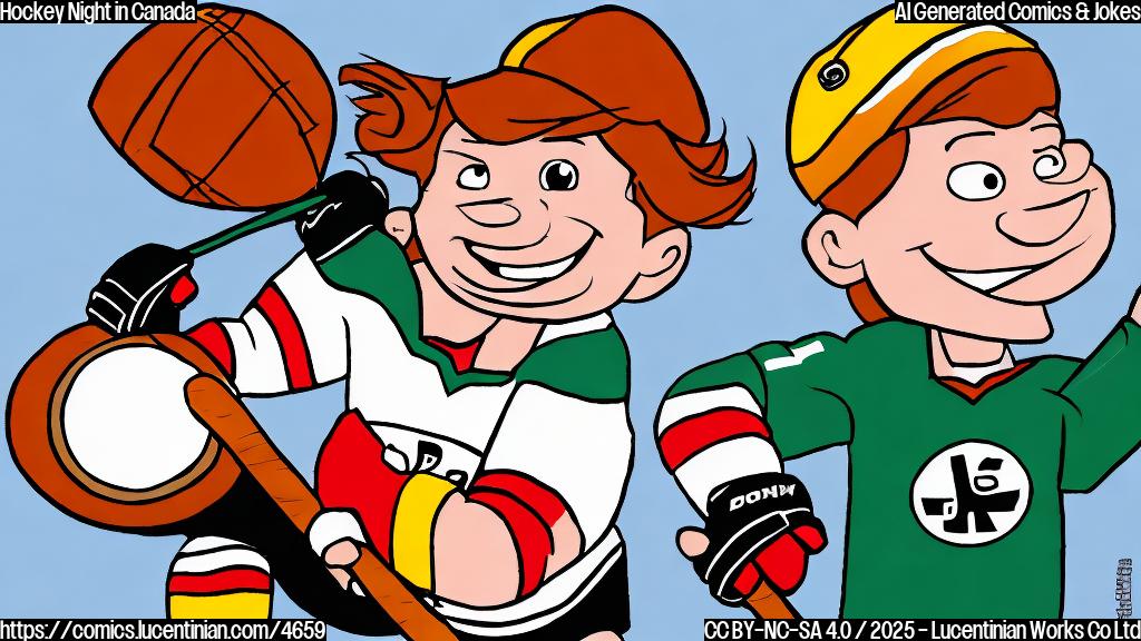 A cartoon drawing of a smiling person wearing a hockey jersey holding a hockey puck tightly. Plain color cartoon style, simple background.