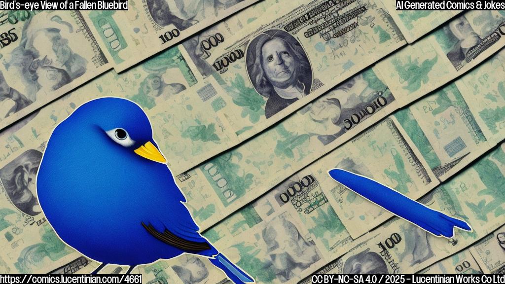 A cartoon drawing, plain colors, of a sad-looking blue bird wearing a tiny business suit, sitting on a pile of 30 million dollar bills that are smaller than it. The background is a simple, plain light grey.