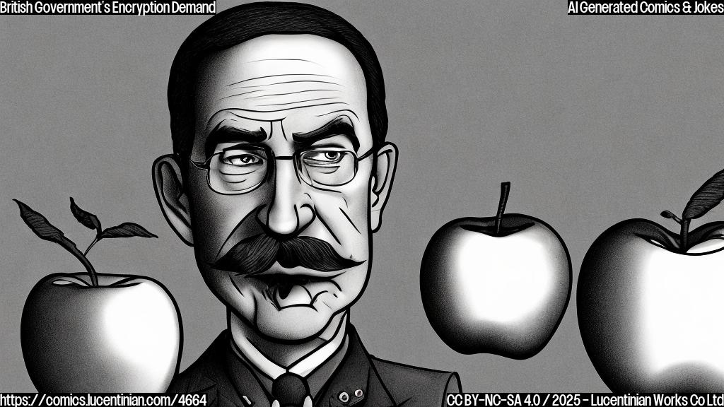 A cartoon drawing in plain colors of a large, stern-looking government official (wearing a suit, has a serious facial expression, with a large mustache) towering over a tiny, frightened-looking apple. The apple is labeled "Apple Encryption". The background is simple and plain.